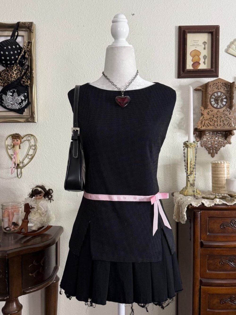 Y2k coquette black and white polkadot high neck top w pink ribbon